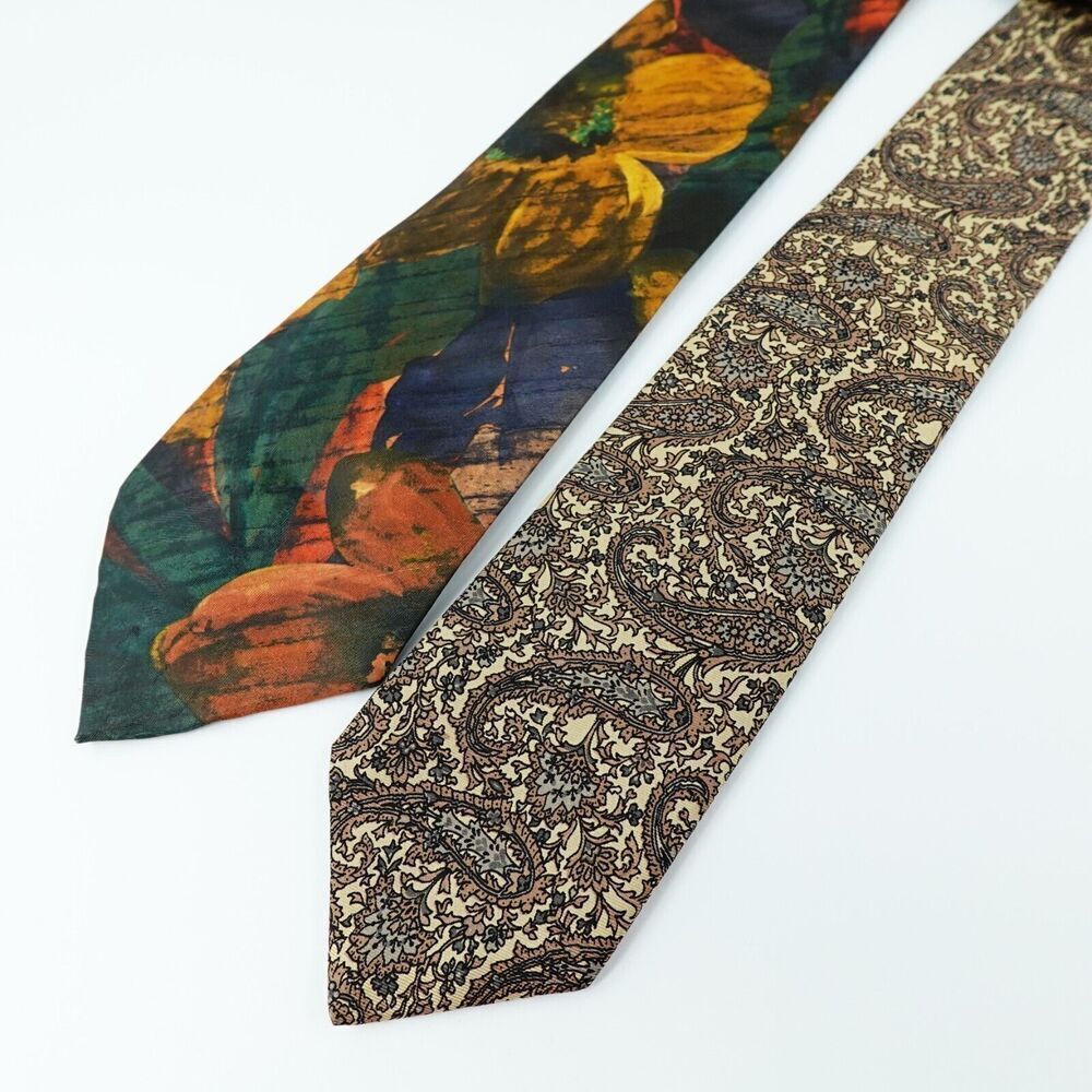Vintage Oscar‎ De La Renta Tie Men Floral Paisley Print USA Set of 2 Necktie